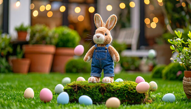 Easter Bunny Delight: A charming plush bunny stands amidst an array of pastel-colored eggs, its playful presence adding a touch of joy and festive spirit to a garden scene, perfect for Easter.
