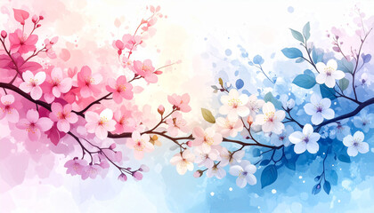 Cherry Blossoms Embrace: A harmonious dance of pastel pink and white cherry blossoms, their delicate petals gracefully adorning slender branches, evoking feelings of beauty, spring.