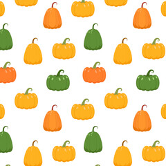 Happy halloween seamless pattern.Colorful pumpkins repeat pattern isolated on white background.Autumn, harvest season, plant, squash, pumpkin, vegetable vector graphic illustration.