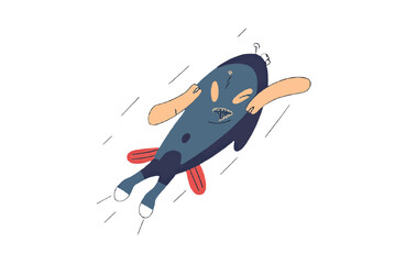 Blue character flies with red fins in cartoon style for social media design.