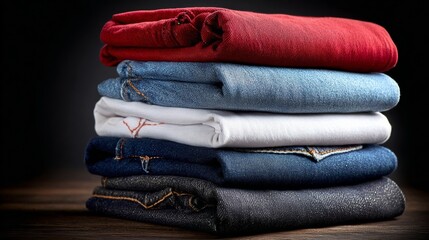 Stack of neatly folded denim jeans in various colors, including red, blue, and white, arranged on a wooden surface, showcasing texture and fabric quality in a stylish presentation