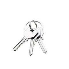 A set of three silver metal keys attached to a keyring symbolizing access and security isolated on transparent background