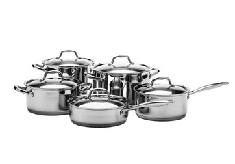 A collection of shiny stainless steel cooking pots and pans with lids arranged together isolated on transparent background