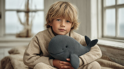 A young boy is sitting on a bed with a stuffed whale in his arms. The boy is wearing a brown sweater and has blonde hair. Concept of warmth and comfort, as the boy is surrounded by his favorite toy