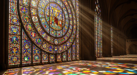 Obraz premium Radiant sunlight streams through the intricate patterns, illuminating the space with a kaleidoscope of vibrant colors. 