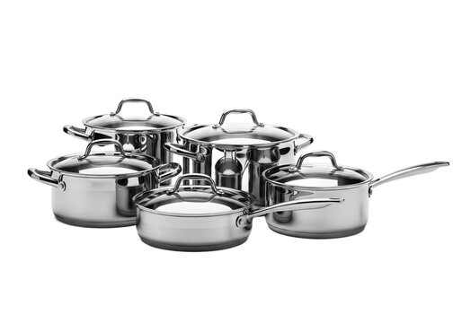 A collection of shiny stainless steel cooking pots and pans with lids arranged together isolated on transparent background