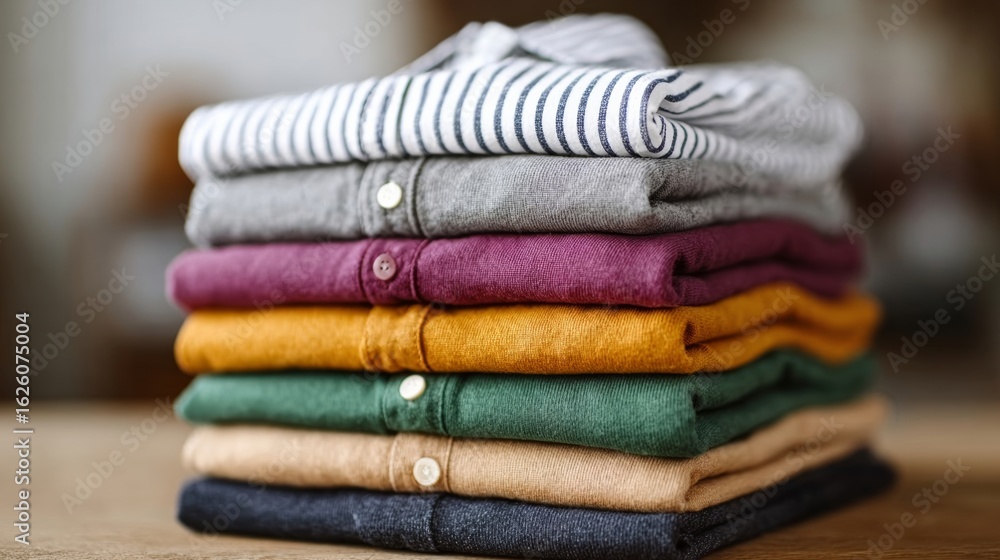 Poster stack of neatly folded colorful shirts in various shades, showcasing textures and patterns, arranged