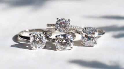 Flat lay of luxury diamond engagement rings cushion cut round brilliant styles with platinum bands isolated on white with natural reflections and clean lighting