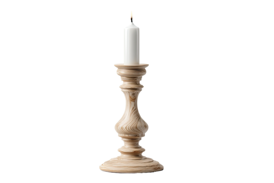 Light beige wooden candleholder.  Simple, elegant, single candle.  Smooth, curved lines.  Natural wood grain