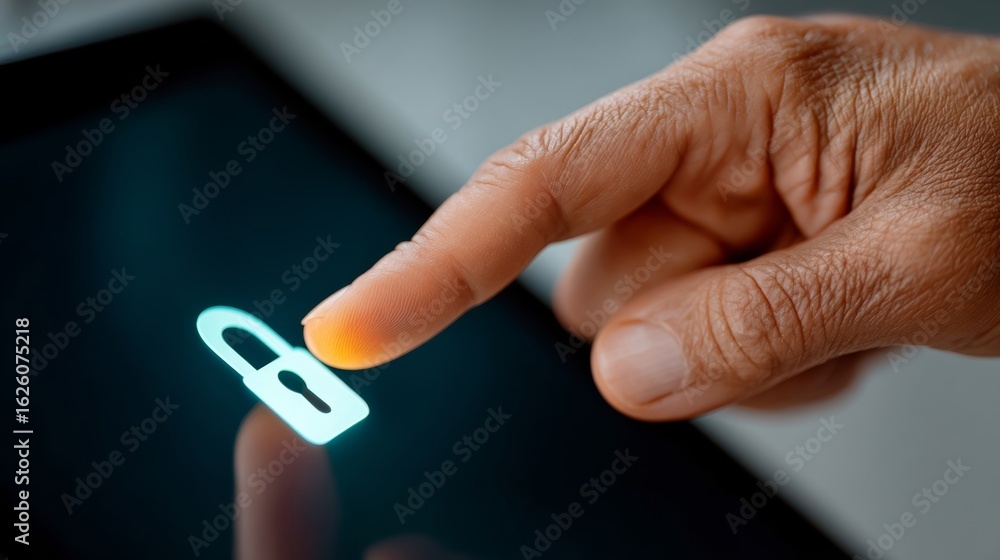 Poster close-up of a hand pressing a digital lock icon on a touchscreen device, symbolizing security and pr
