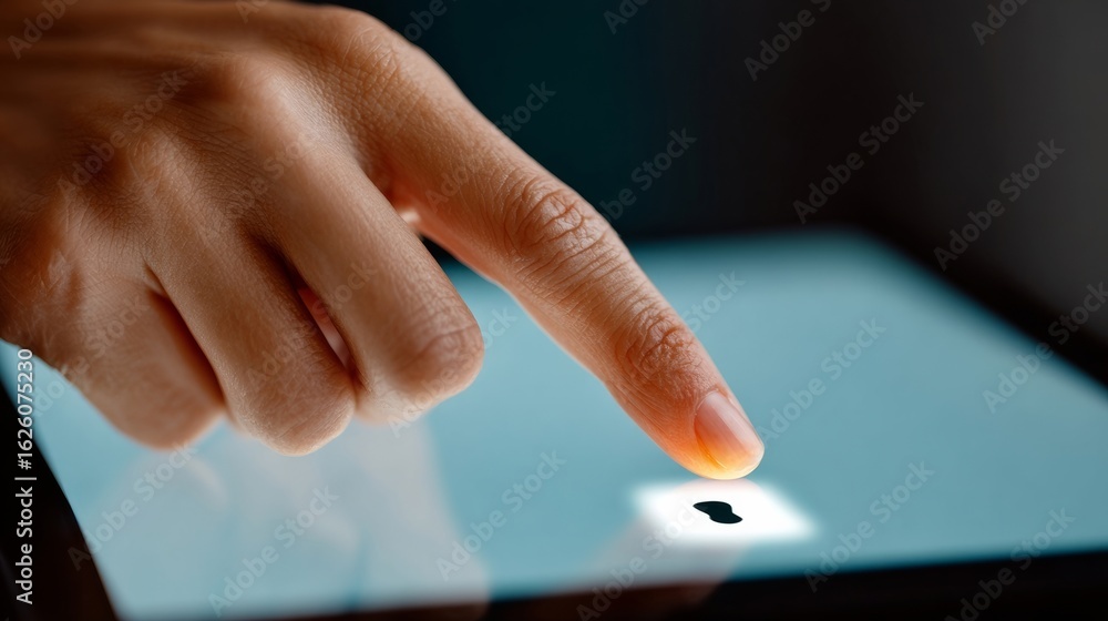Poster close-up of a hand gently touching a glowing touchscreen interface, highlighting the interaction wit