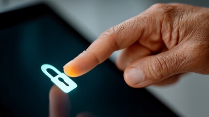 Close-up of a hand pressing a digital lock icon on a touchscreen device, symbolizing security and privacy in technology, with a blurred background enhancing focus on the action