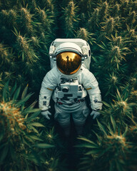 Astronaut in Cannabis field. Weed concept