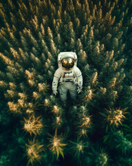 Astronaut in Cannabis field, top view. Weed concept	