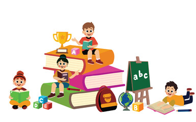 little kid reading book together with friend, vector and illustration