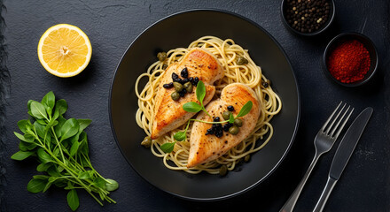 Classic Chicken Piccata with Capers, Linguine Pasta, and Fresh Lemon on Dark Plate