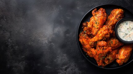 Spicy Buffalo Chicken Wings – Right-Side Plating with Dipping Sauce and Copy Space
