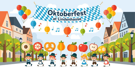 Oktoberfest Festival Parade Illustration with Traditional Costumes, Balloons, and Street Decor