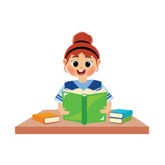 little girl reading book, Happy kid reads book. Studying and knowledge concept. illustration, vector