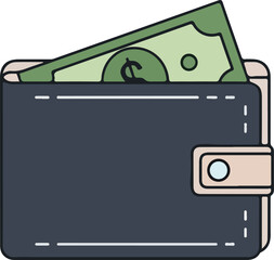 A simple flat vector illustration of a dark bifold wallet containing a green dollar banknote. This icon represents personal finance, savings, wealth, spending, and cash money concepts.
