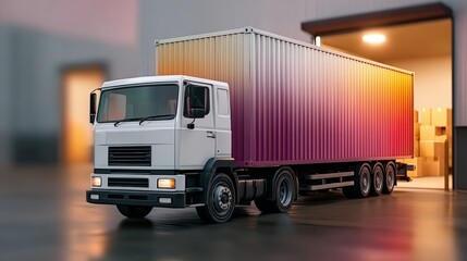 Truck with colorful shipping container is parked at warehouse entrance, showcasing logistics and transportation industry, highlighting modern freight solutions and efficient delivery systems