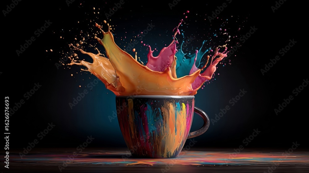 Poster colorful paint splashes erupting from a vibrant cup, creating dynamic visual effects against a dark 