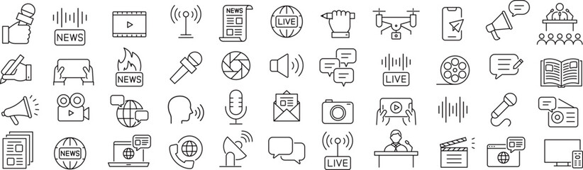 Naklejka na ściany i meble ベクターでモノクロのマスメディアに関する線画アイコンセット 