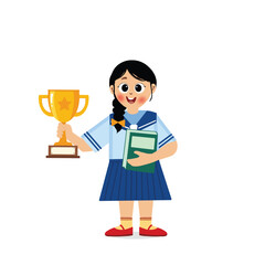 happy cute little kid girl holding trophy, vector and illustration
