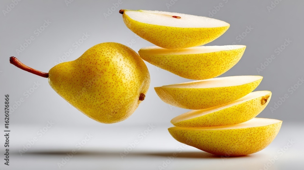 Poster fresh yellow pear with sliced sections arranged in a dynamic floating composition, showcasing vibran