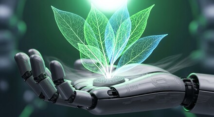 Robot hand holding glowing transparent leaves, symbolizing green energy, artificial intelligence, and environmental technology.