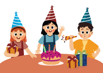 cute children celebrates birthday with birthday party