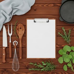 Naklejka premium Kitchen table with cooking utensils and herbs, overhead view