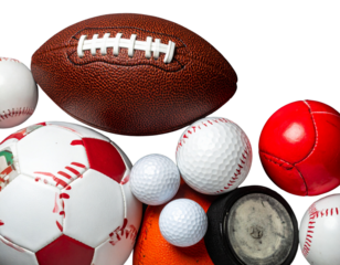Set of Classic Sports Balls in Uniform Row Front View Alignment Isolated on Transparent Background PNG