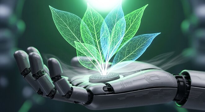 Robot hand holding glowing transparent leaves, symbolizing green energy, artificial intelligence, and environmental technology.
