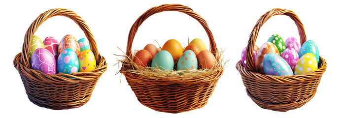 Wicker basket filled with colorful Easter eggs decorated with intricate white patterns, isolated on white transparent background. Festive holiday concept