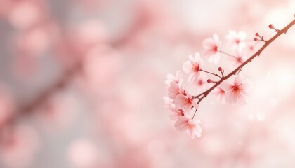 Obraz premium Soft light illuminates delicate pink blossoms on a slender branch against a blurred background