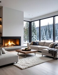 Modern living room with fireplace, large windows showcasing snowy landscape