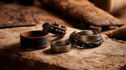 Ground level image of modern men's jewelry leather bracelets matte rings metallic cuffs displayed on a wooden surface with masculine industrial backdrop