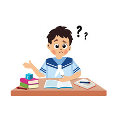 Have fun studying, cute boy confused and ask about the lesson. cute boy learning to read a book