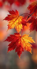 Close-up of vibrant autumn leaves.  Two  maple leaves, rich in autumnal hues of red and gold,  hang from a branch.  Soft background blurs out the surrounding foliage