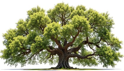 An old and grand tree with sprawling branches reaches towards the sky in the bright sunlight