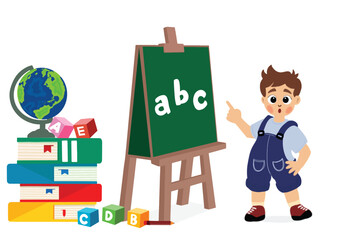 little kid writing and showing writing on blackboard with chalk to learn letters, vector and illustration