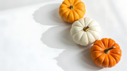 A diagonal arrangement of three small pumpkins, one white and two orange, on a white surface with soft shadows from overhead light, isolated on white background