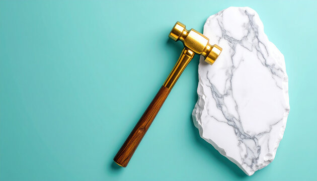 Golden Hammer and Stone: A striking visual metaphor showcasing a gleaming golden hammer positioned near a cracked stone against a vibrant background. This composition evokes concepts of construction.