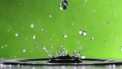 slow motion water drop splash forms a liquid crown on a reflective green background - Powered by Adobe