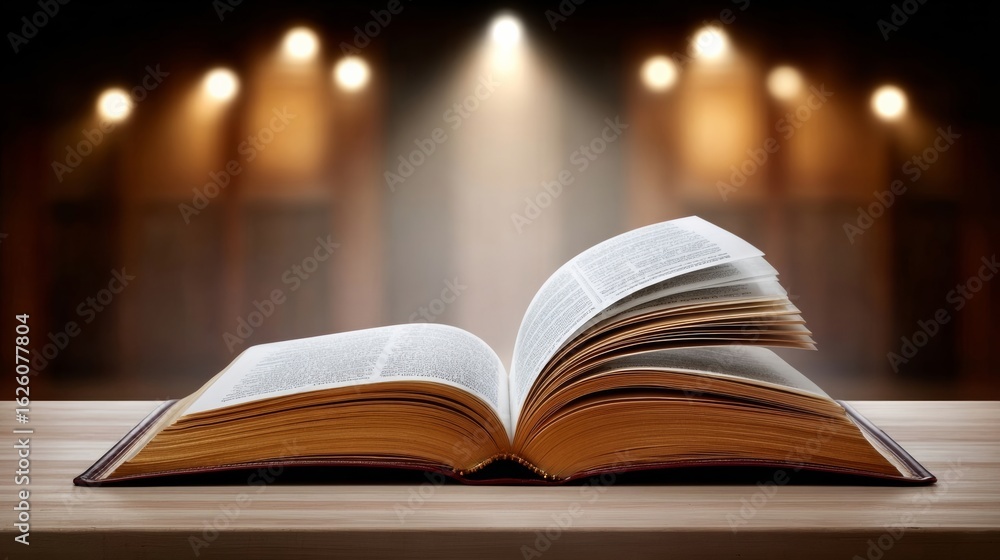 Poster open book resting on wooden table, showcasing detailed pages and textures, illuminated by soft light
