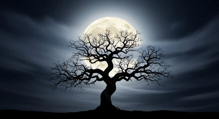 A striking and dramatic image featuring the dark, menacing silhouette of a twisted tree.