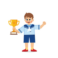 happy cute little kid boy holding trophy, vector and illustration