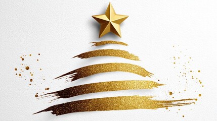Golden star atop a stylized Christmas tree created with shimmering gold brush strokes on a textured white background, evoking festive spirit and holiday cheer in a modern artistic design