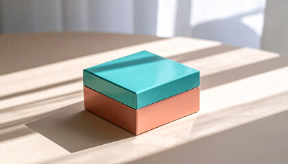 Box of Wonders: A minimalist, colorful box in an inviting setting, exuding simplicity and elegance. Perfect for design and home decor concepts.